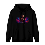 A warrior portrait against vivid prismatic bands of light shown on the front of a women's hoodie in a standalone product shot
