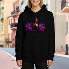 Outdoor photograph of a model in a women's hoodie bearing a warrior portrait against vivid prismatic bands of light