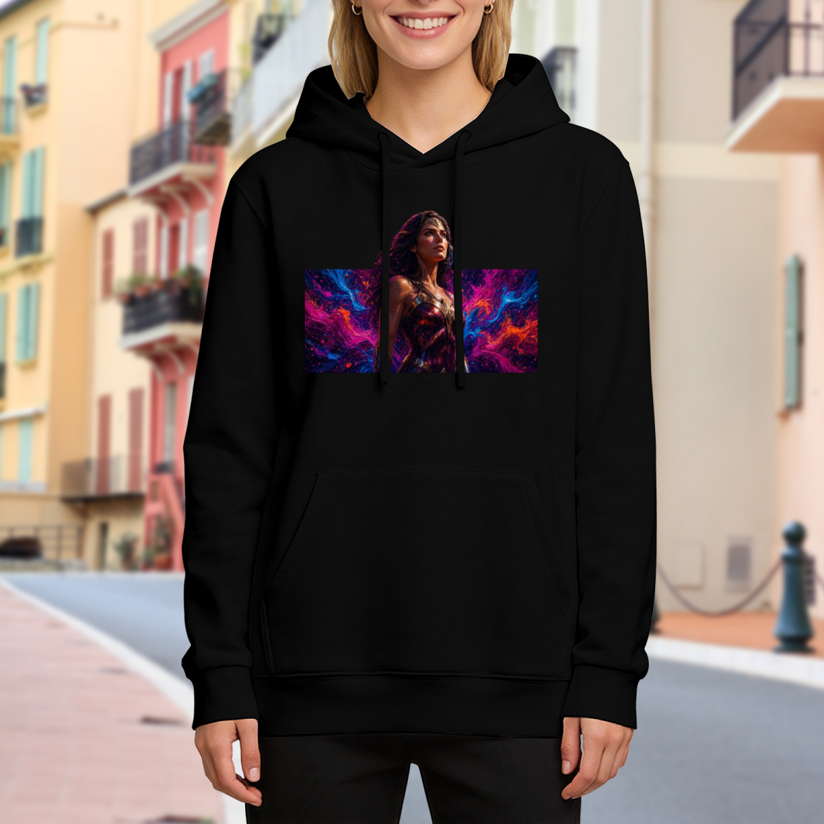 Outdoor photograph of a model in a women's hoodie bearing a warrior portrait against vivid prismatic bands of light