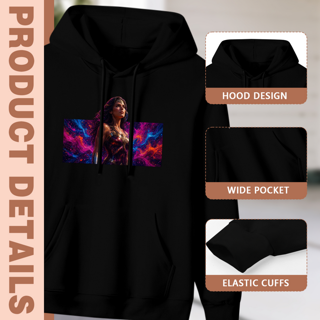 Hood, pouch pocket and sleeve-cuff detail images accompanying the women's A Portrait in Luminous Bands hoodie