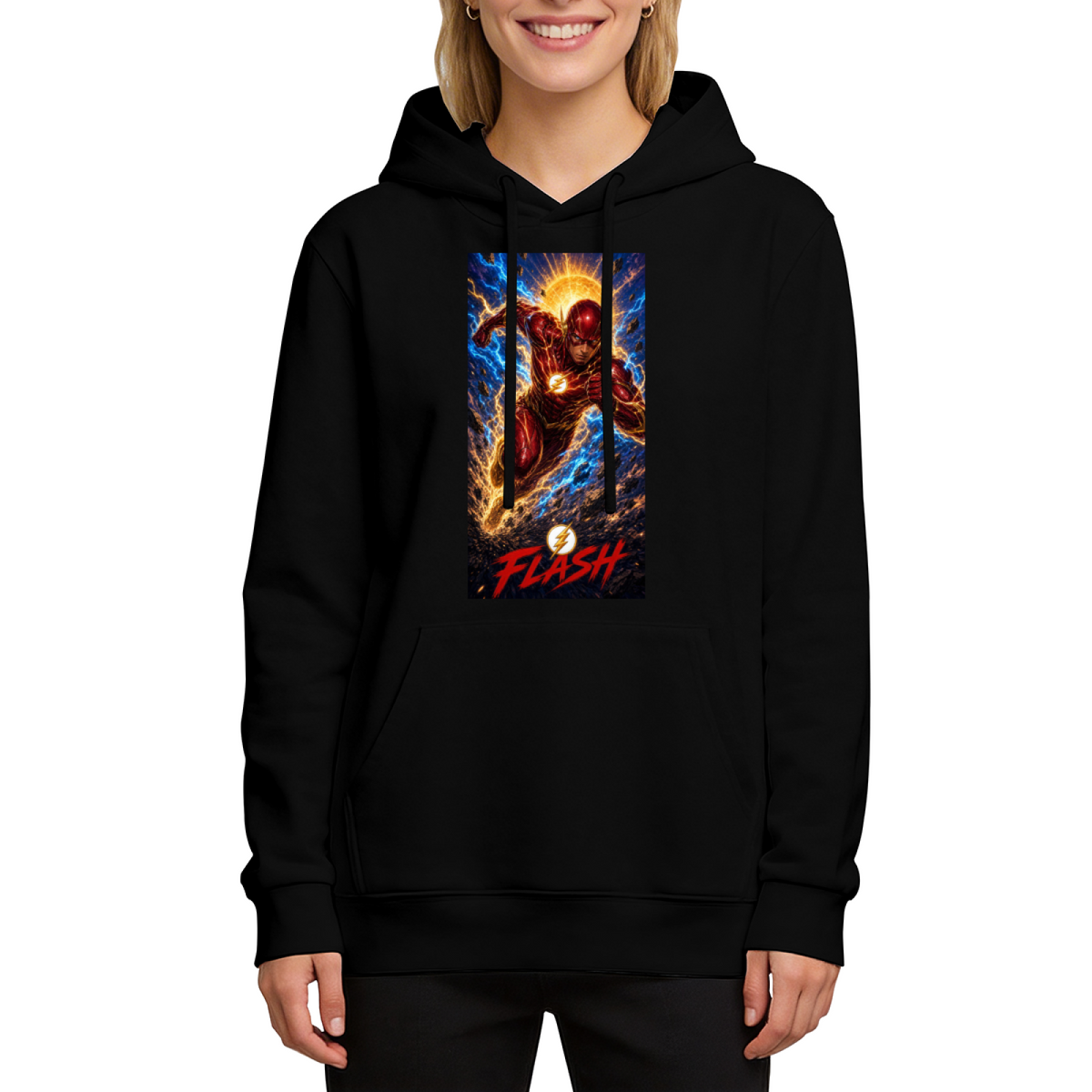 Studio photograph of a model in a women's hoodie showing a masked runner charging beneath a sunburst and golden lightning