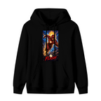 Standalone women's hoodie front displaying a graphic of a masked runner charging beneath a sunburst and golden lightning