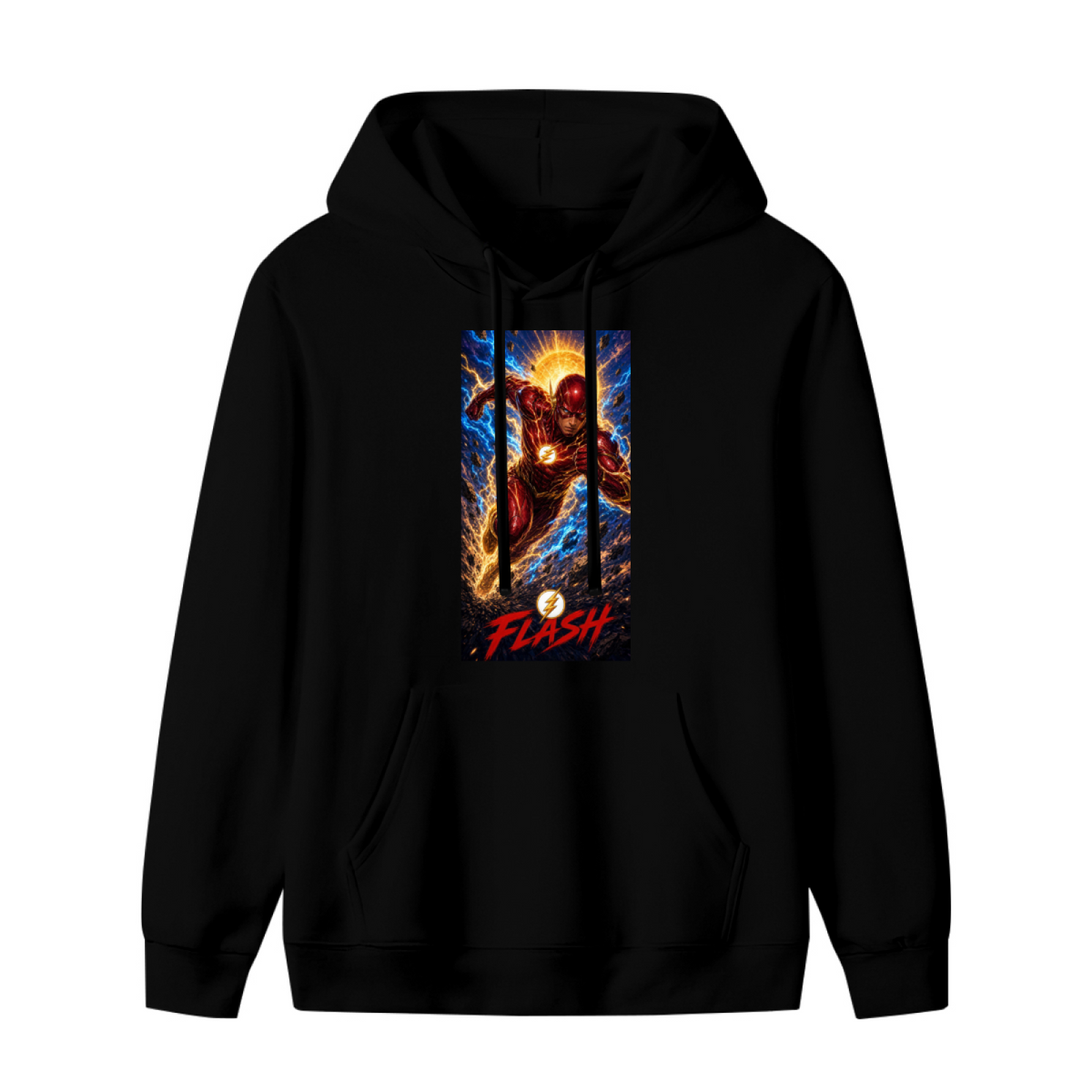 Standalone women's hoodie front displaying a graphic of a masked runner charging beneath a sunburst and golden lightning