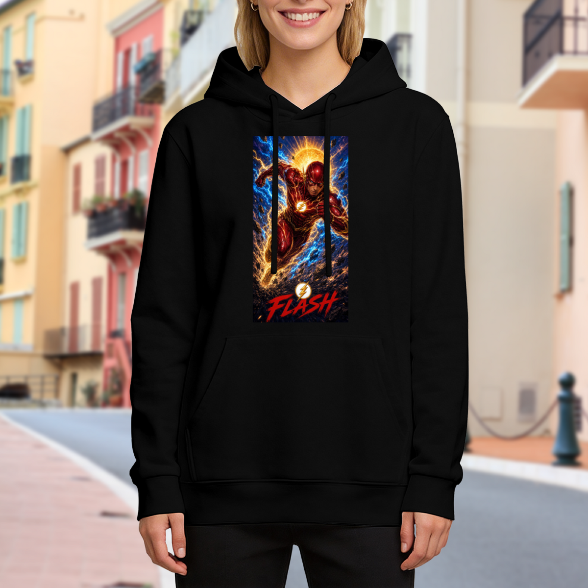 Women's hoodie worn outside, with the camera facing the graphic of a masked runner charging beneath a sunburst and golden lightning