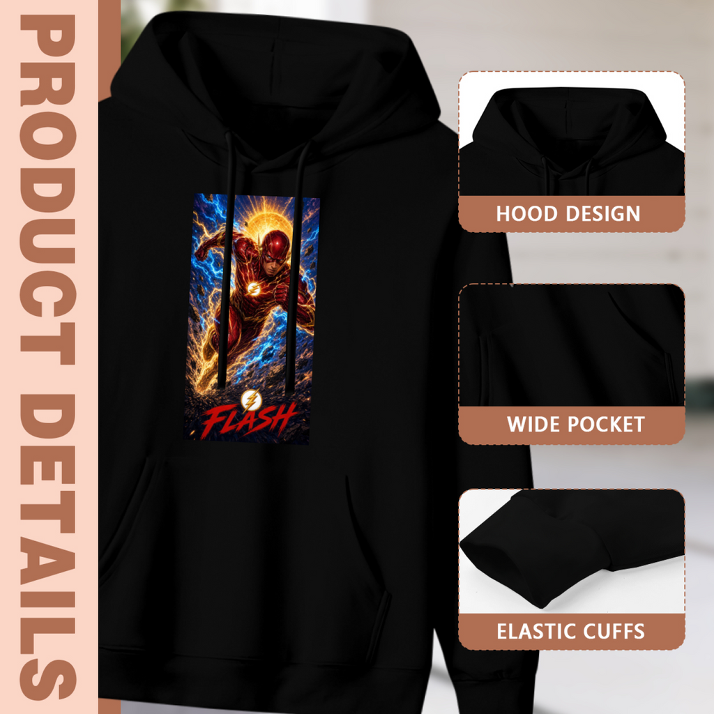 Construction-detail card for the women's Running into Radiance hoodie, including the hood, front pouch and cuff edges