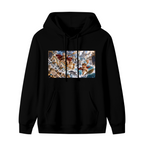 Unworn men's hoodie, front view of the design depicting a trident-bearing figure amid a turbulent panoramic ocean battle