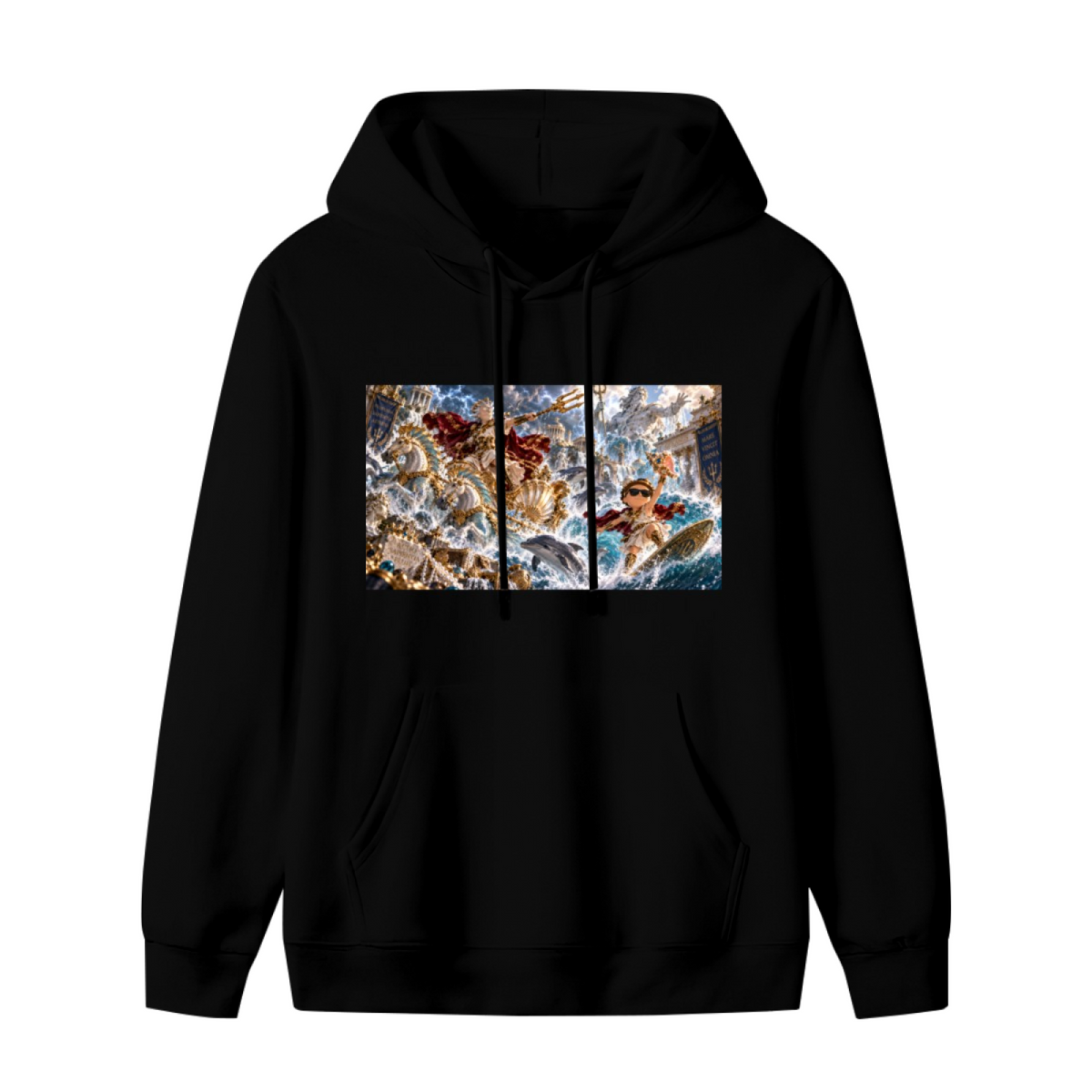 Unworn men's hoodie, front view of the design depicting a trident-bearing figure amid a turbulent panoramic ocean battle