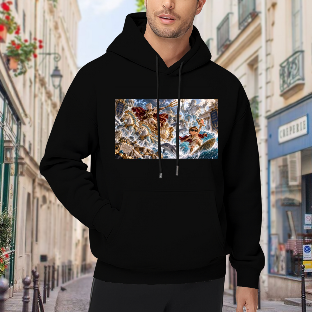 On-location model photograph displaying a trident-bearing figure amid a turbulent panoramic ocean battle on the front of a men's hoodie