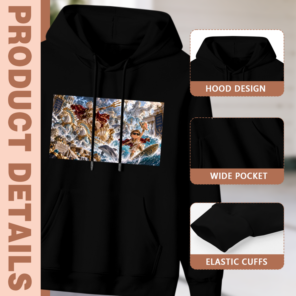 Garment and inset detail views for the men's Trident in Turbulent Water hoodie, highlighting the hood, pocket opening and cuffs