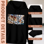 Garment and inset detail views for the men's Trident in Turbulent Water hoodie, highlighting the hood, pocket opening and cuffs