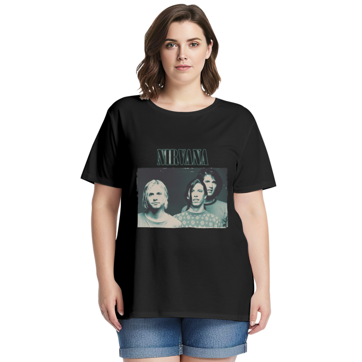 Graphic T-shirt product image with blue tinted band photo artwork, black colorway