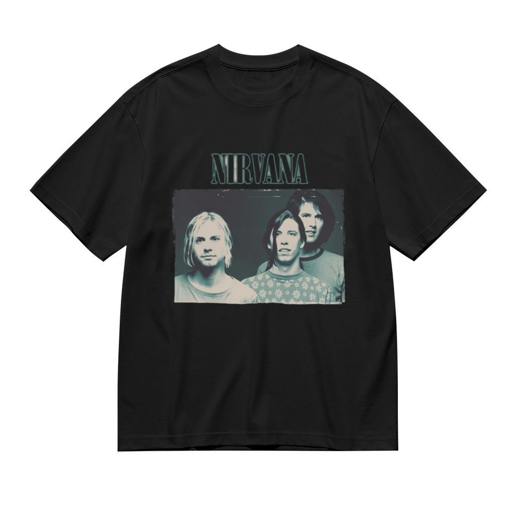 Graphic T-shirt product image with blue tinted band photo artwork