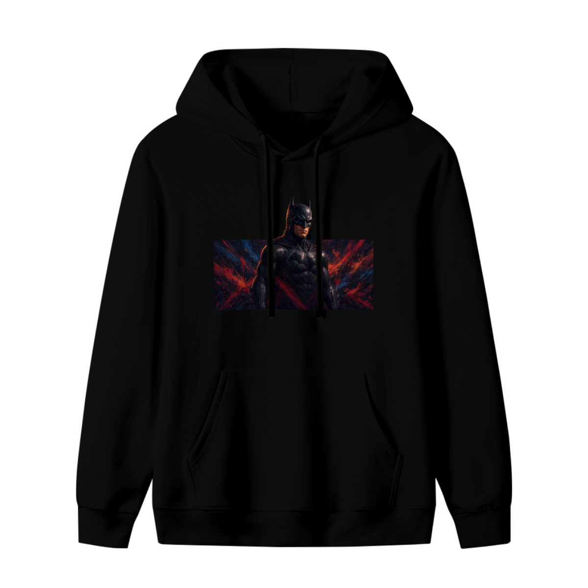 Standalone women's hoodie front displaying a graphic of a dark armored figure in a wide portrait with ember-like accents