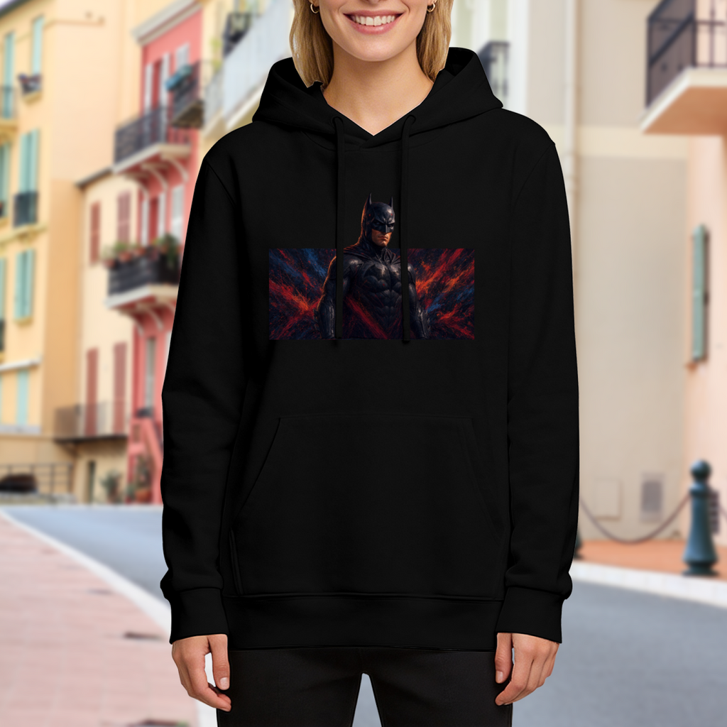 Women's hoodie worn outside, with the camera facing the graphic of a dark armored figure in a wide portrait with ember-like accents