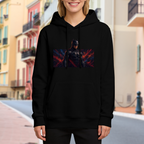 Women's hoodie worn outside, with the camera facing the graphic of a dark armored figure in a wide portrait with ember-like accents