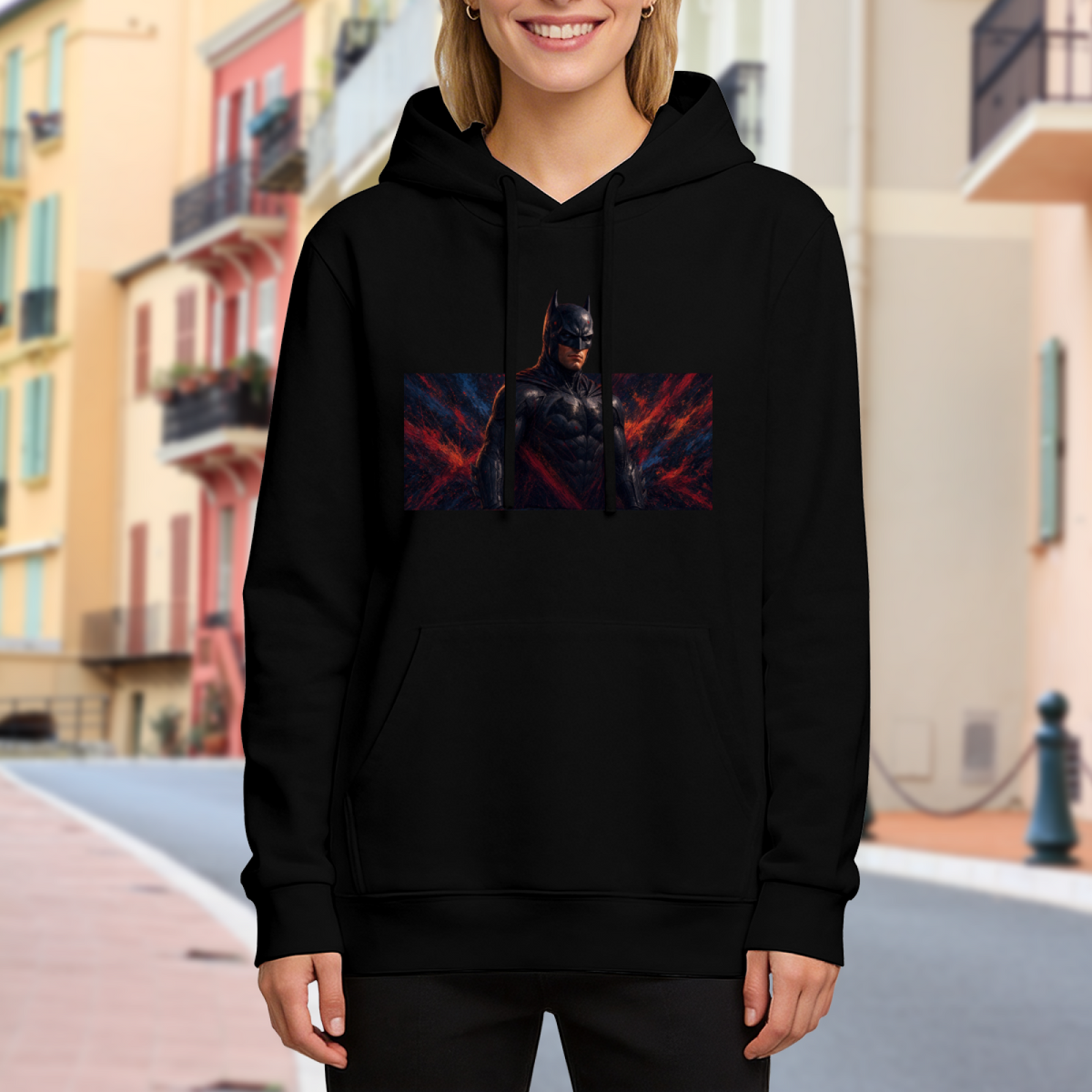 Women's hoodie worn outside, with the camera facing the graphic of a dark armored figure in a wide portrait with ember-like accents