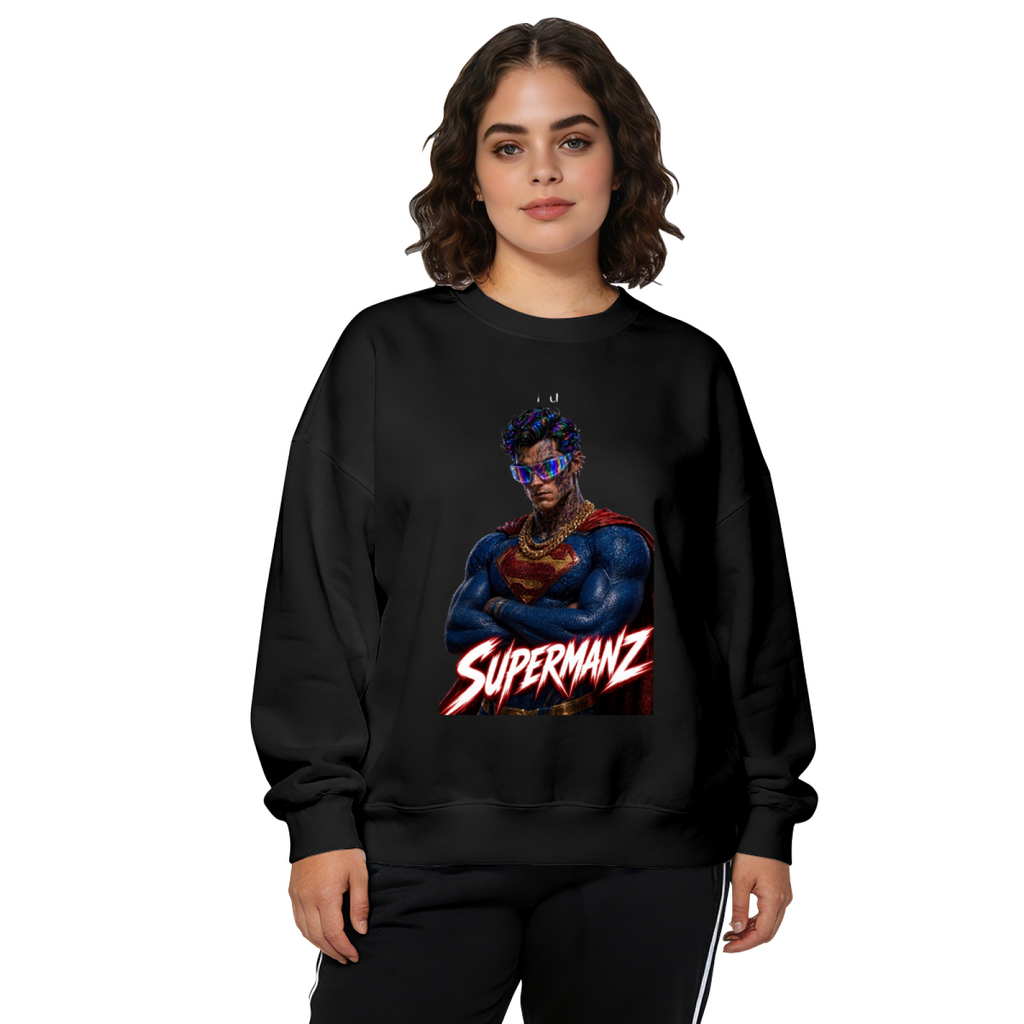 On-model product photo: women's crewneck sweatshirt bearing a caped portrait wearing a futuristic visor