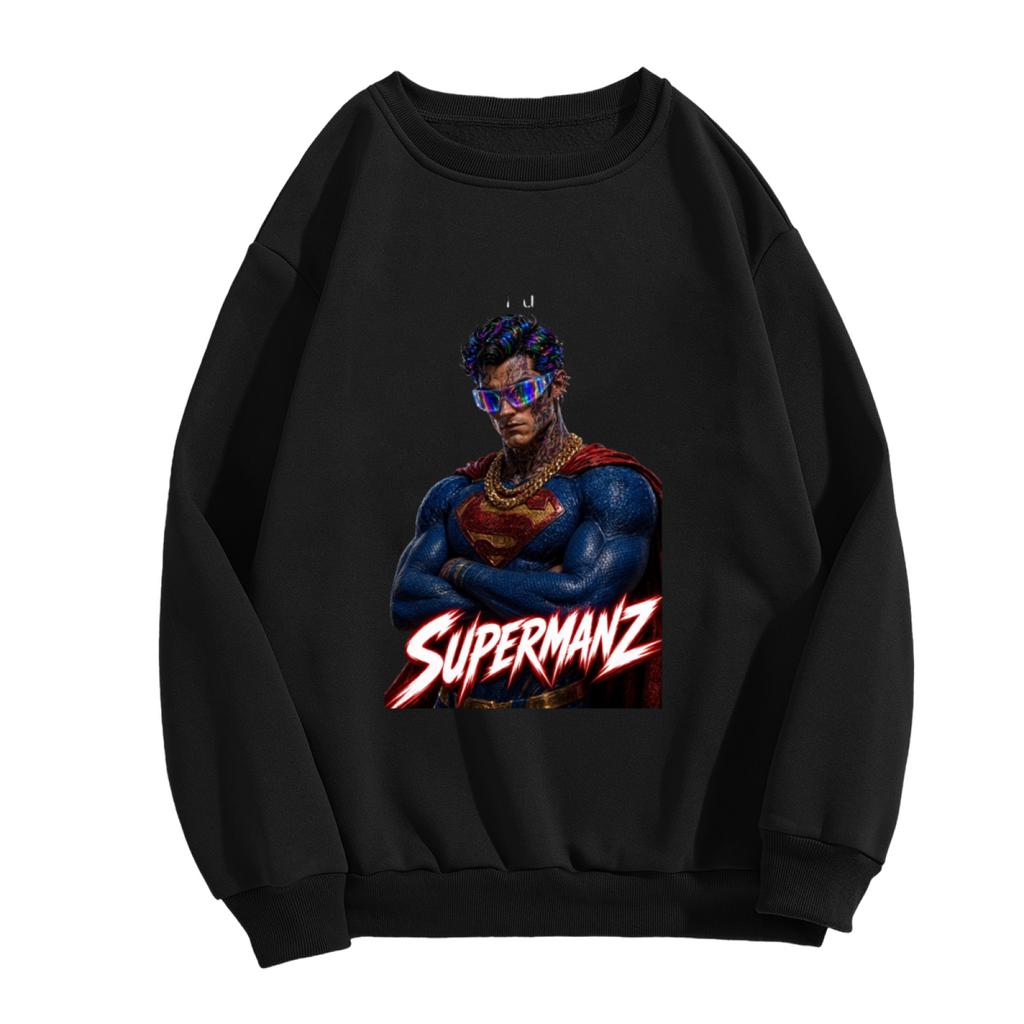 Women's crewneck sweatshirt photographed alone, with a caped portrait wearing a futuristic visor on the front