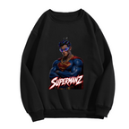 Women's crewneck sweatshirt photographed alone, with a caped portrait wearing a futuristic visor on the front