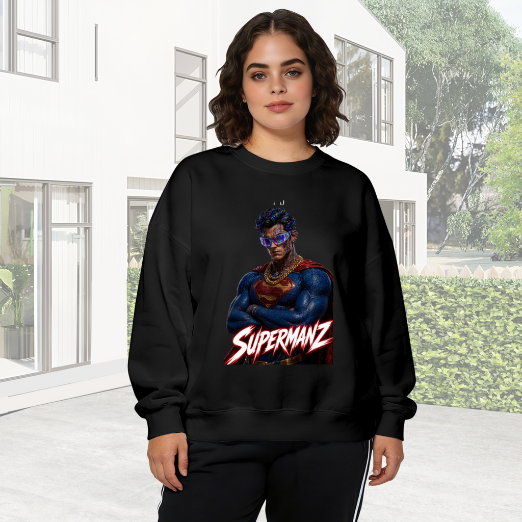 Lifestyle image outdoors: women's crewneck sweatshirt with a front graphic of a caped portrait wearing a futuristic visor