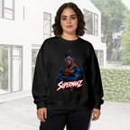 Lifestyle image outdoors: women's crewneck sweatshirt with a front graphic of a caped portrait wearing a futuristic visor