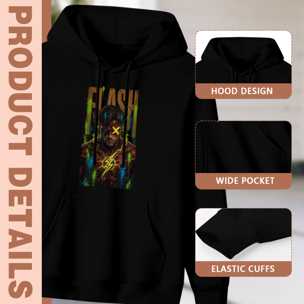 Hood, pouch pocket and sleeve-cuff detail images accompanying the men's Yellow Mark on a Masked Face hoodie