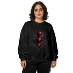 Front-facing model wearing a women's crewneck sweatshirt decorated with a scarlet-cowl portrait with shadowed facial details