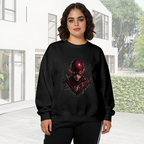 Outdoor photograph of a model in a women's crewneck sweatshirt bearing a scarlet-cowl portrait with shadowed facial details