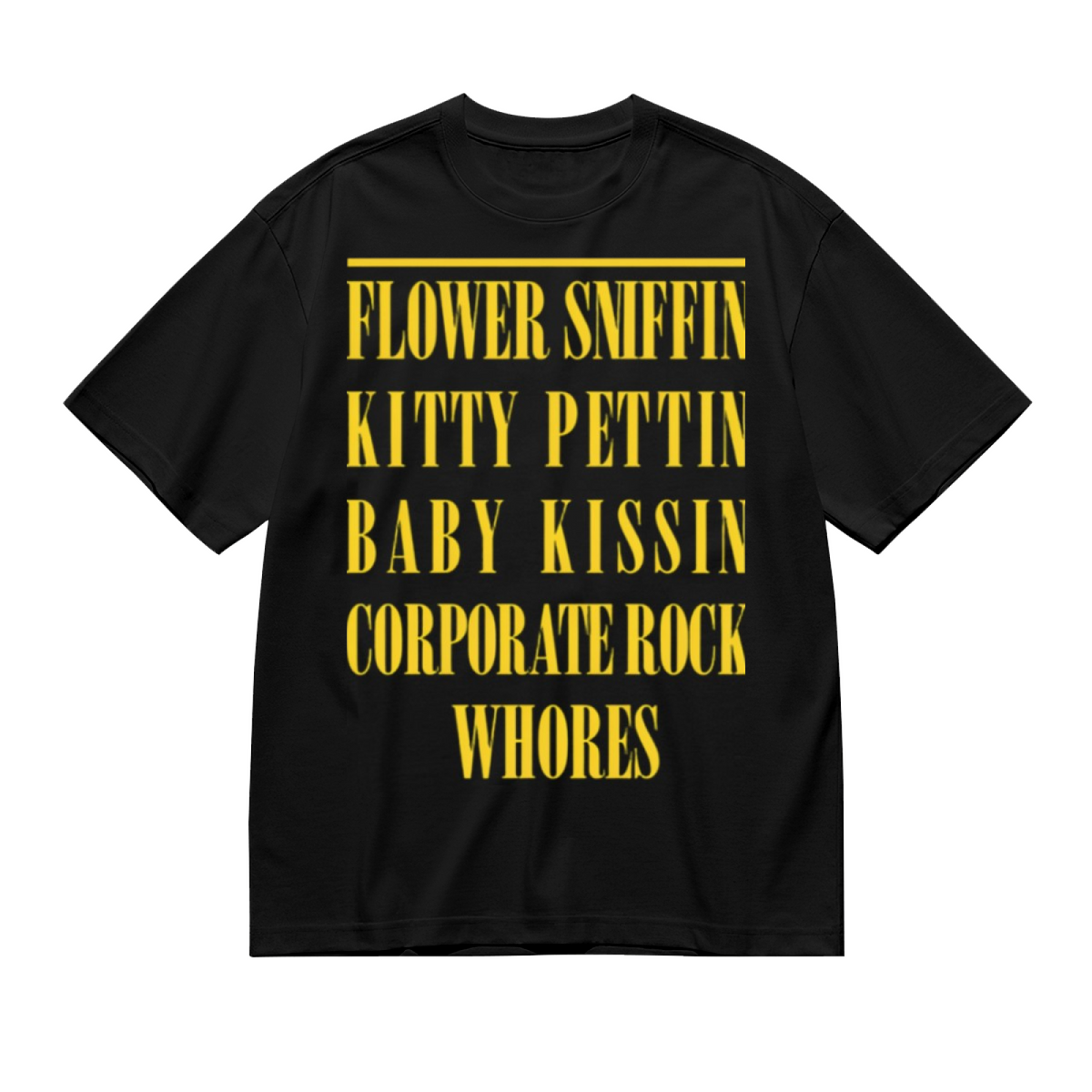 Nirvana Flower Sniffin Lyrics Graphic T-Shirt for Men — product design preview of the artwork; lettering reading “Flower Sniffin’” and “Corporate Rock Whores” is the main design element