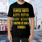 Nirvana Flower Sniffin Lyrics Graphic T-Shirt for Men — product design preview of the artwork; lettering reading “Flower Sniffin’” and “Corporate Rock Whores” is the main design element
