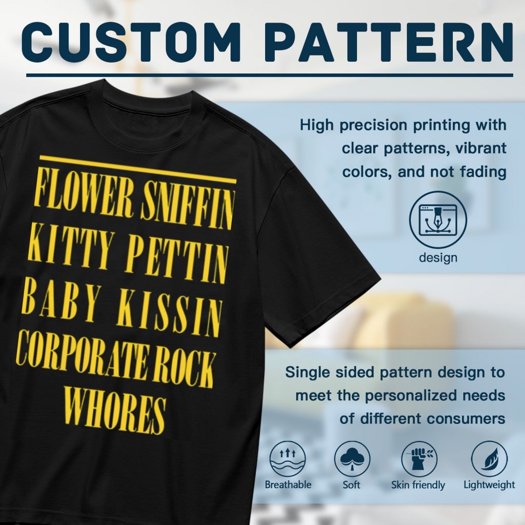 Nirvana Flower Sniffin Lyrics Graphic T-Shirt for Men — product design preview of the artwork; lettering reading “Flower Sniffin’” and “Corporate Rock Whores” is the main design element