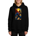 Front-facing model wearing a women's hoodie decorated with a charging caped figure framed by a bright sunburst