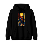 A charging caped figure framed by a bright sunburst shown on the front of a women's hoodie in a standalone product shot