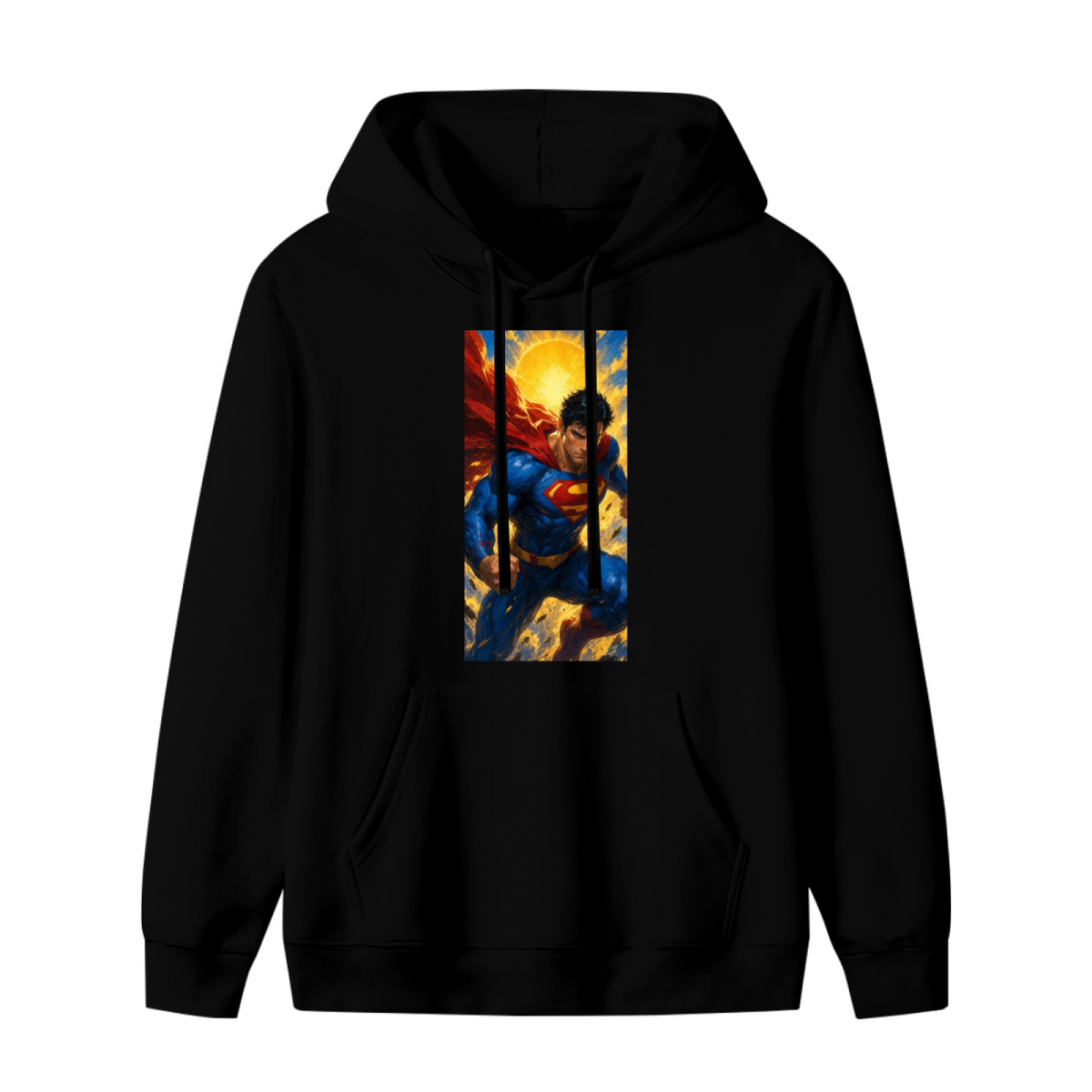 A charging caped figure framed by a bright sunburst shown on the front of a women's hoodie in a standalone product shot