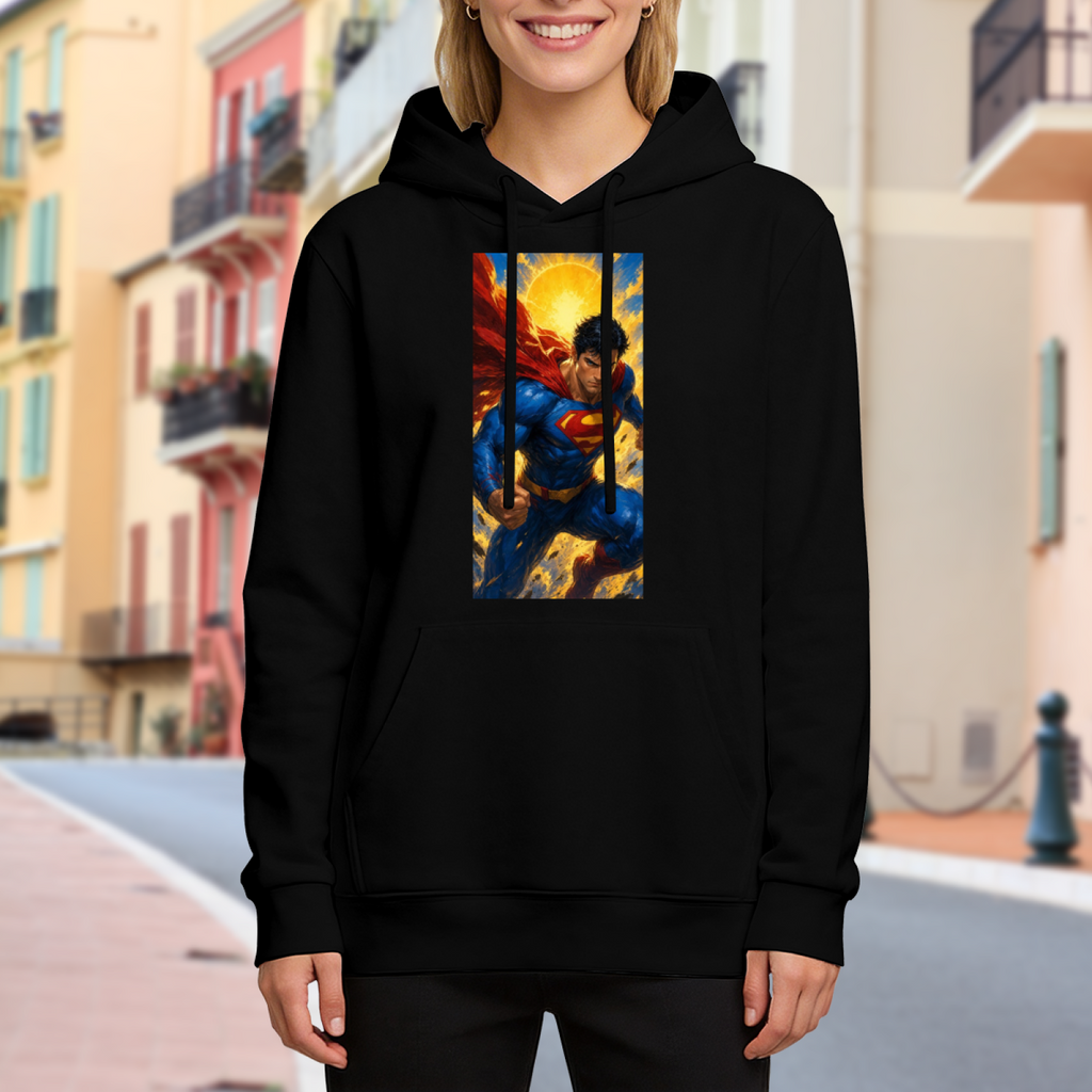 Outdoor photograph of a model in a women's hoodie bearing a charging caped figure framed by a bright sunburst