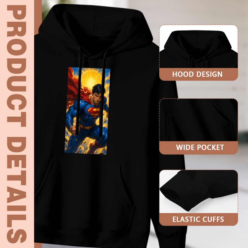 Hood, pouch pocket and sleeve-cuff detail images accompanying the women's Portrait in a Solar Burst hoodie