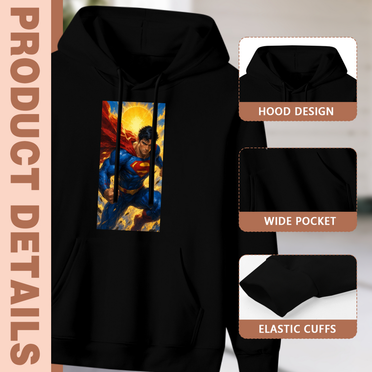 Hood, pouch pocket and sleeve-cuff detail images accompanying the women's Portrait in a Solar Burst hoodie