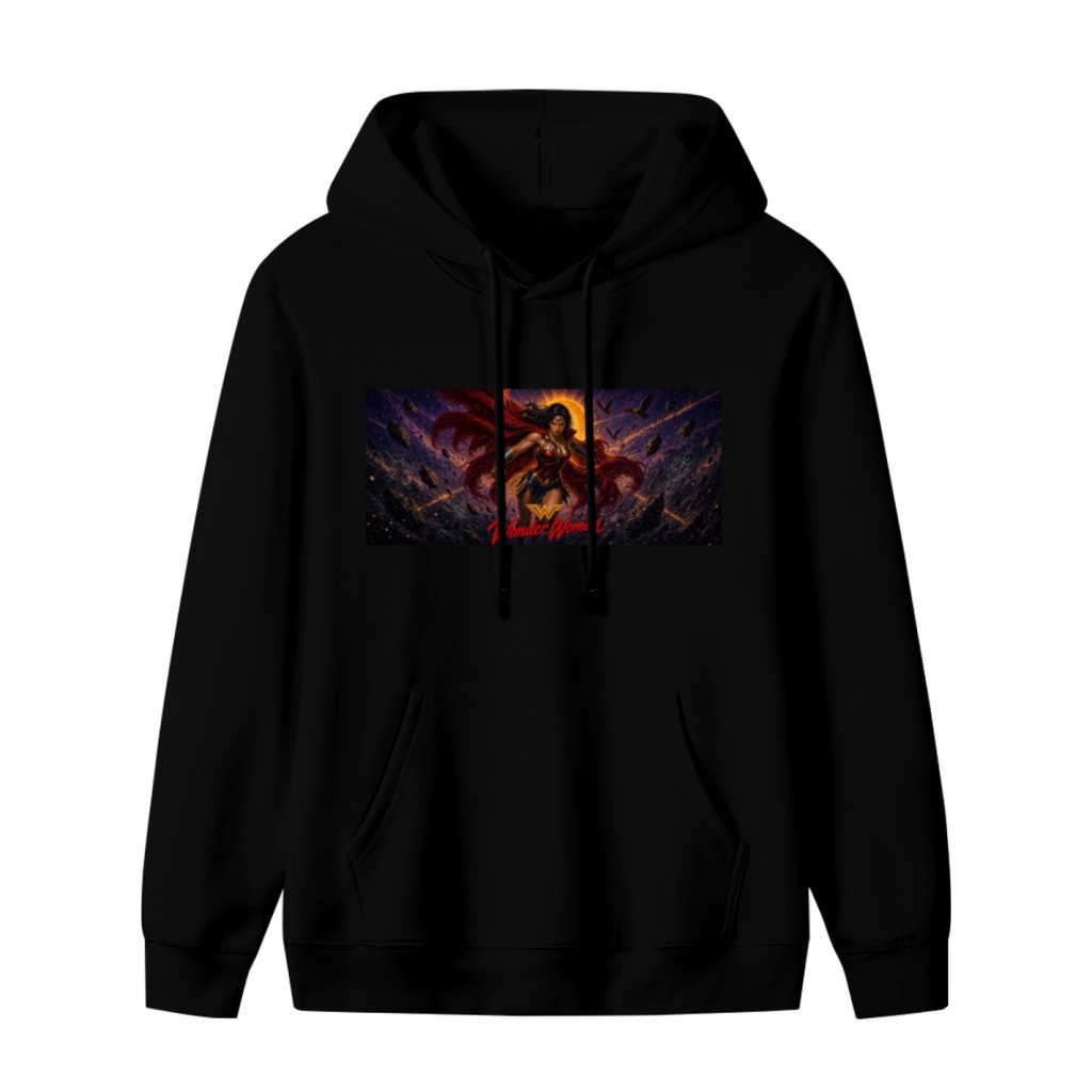 Unworn men's hoodie, front view of the design depicting a lasso-wielding warrior in a wide cosmic action scene