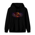 Unworn men's hoodie, front view of the design depicting a lasso-wielding warrior in a wide cosmic action scene