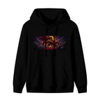 Unworn men's hoodie, front view of the design depicting a lasso-wielding warrior in a wide cosmic action scene