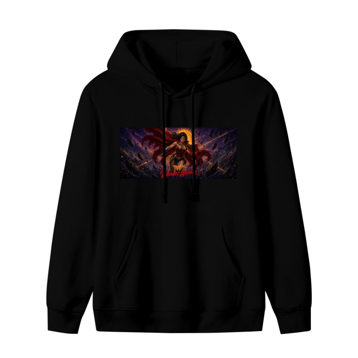 Unworn men's hoodie, front view of the design depicting a lasso-wielding warrior in a wide cosmic action scene