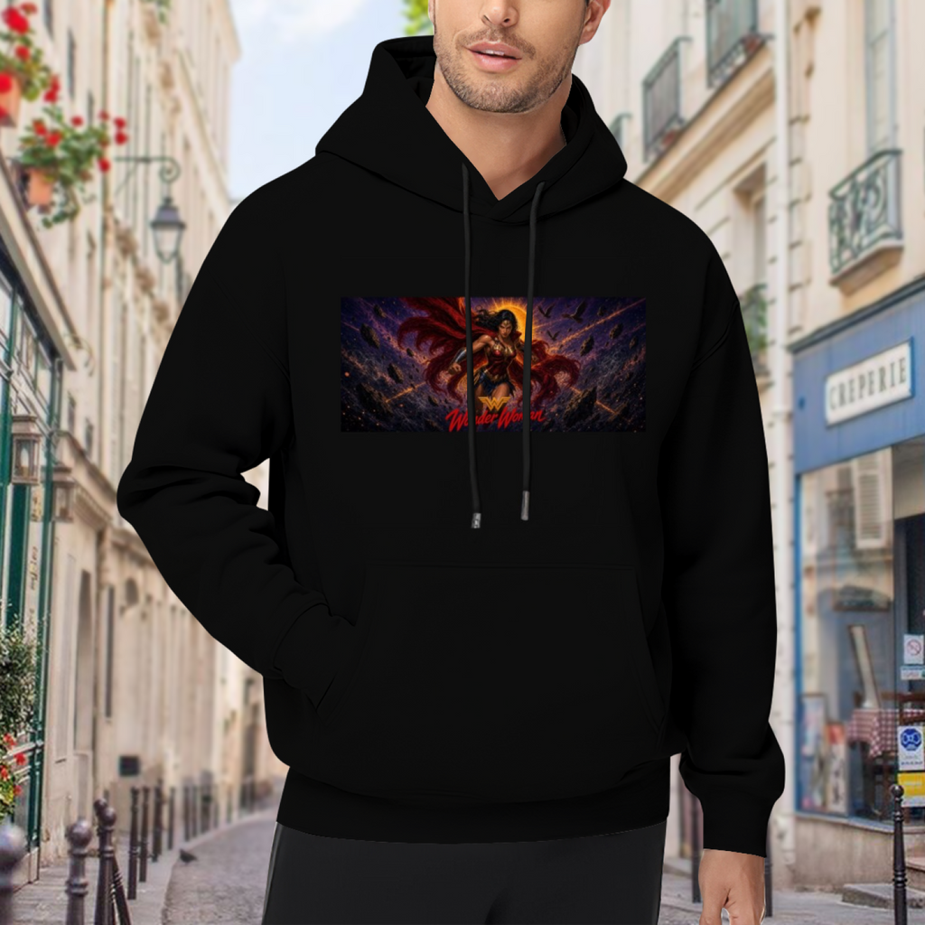On-location model photograph displaying a lasso-wielding warrior in a wide cosmic action scene on the front of a men's hoodie