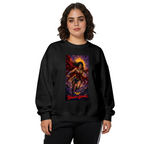 A lasso-wielding warrior posed before a radiant sun halo printed on a women's crewneck sweatshirt, shown in a front model photo