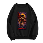 Unworn women's crewneck sweatshirt, front view of the design depicting a lasso-wielding warrior posed before a radiant sun halo