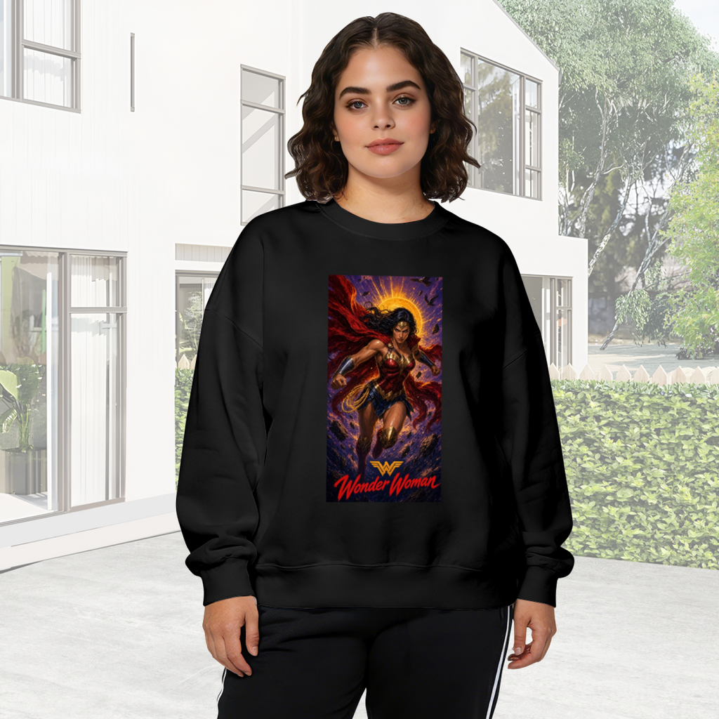 On-location model photograph displaying a lasso-wielding warrior posed before a radiant sun halo on the front of a women's crewneck sweatshirt