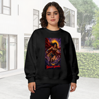 On-location model photograph displaying a lasso-wielding warrior posed before a radiant sun halo on the front of a women's crewneck sweatshirt