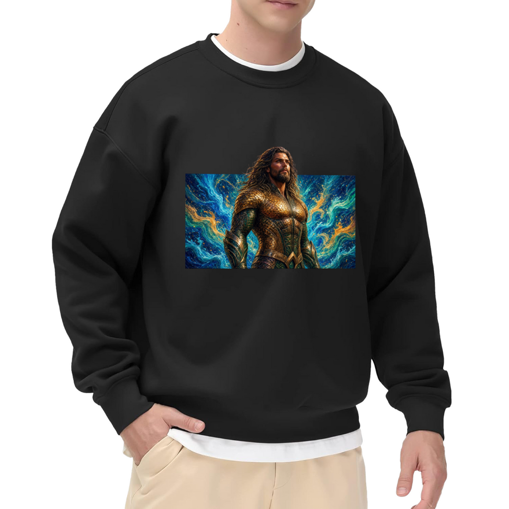 A long-haired warrior in golden armor surrounded by swirling waves printed on a men's crewneck sweatshirt, shown in a front model photo