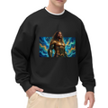 A long-haired warrior in golden armor surrounded by swirling waves printed on a men's crewneck sweatshirt, shown in a front model photo