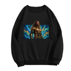 Unworn men's crewneck sweatshirt, front view of the design depicting a long-haired warrior in golden armor surrounded by swirling waves