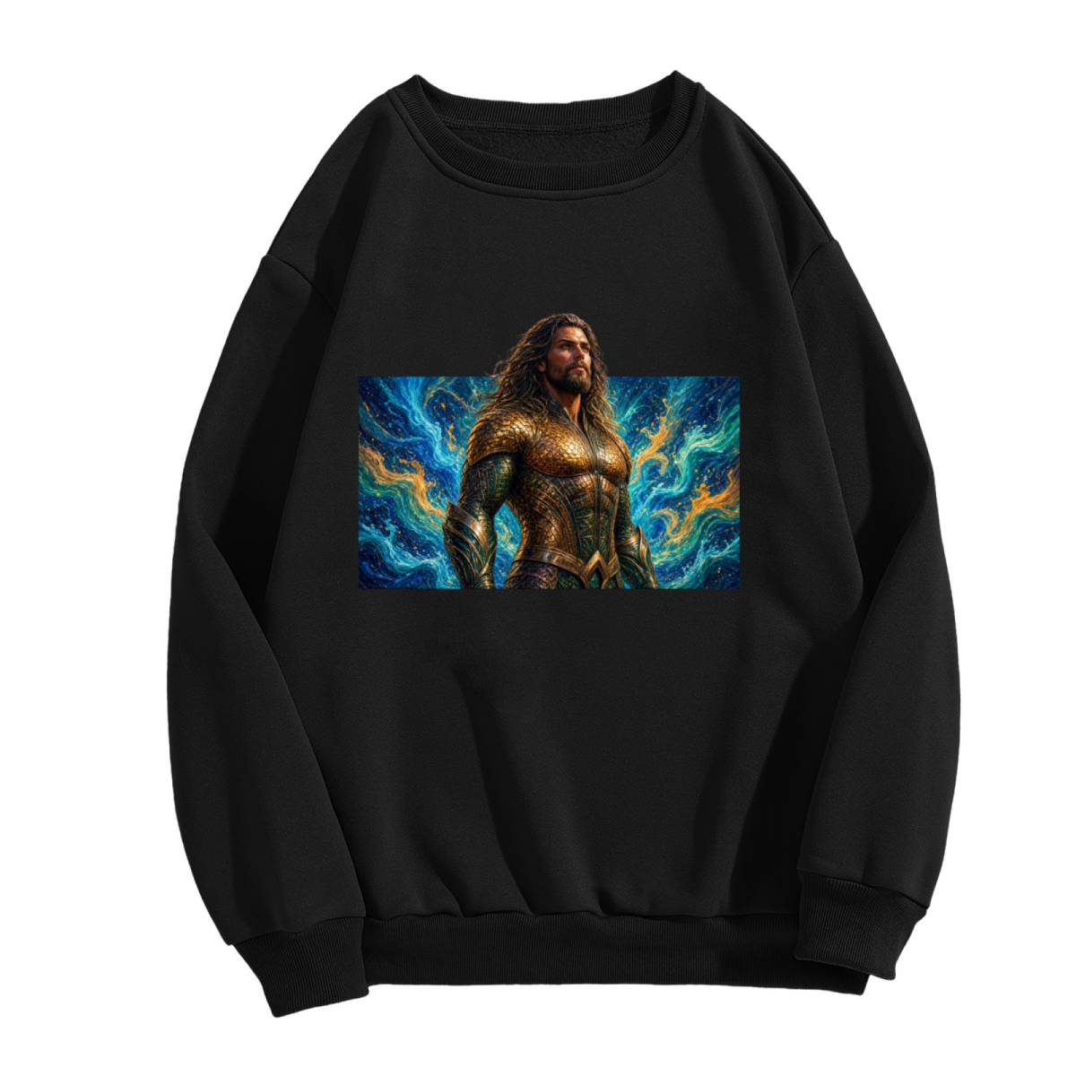 Unworn men's crewneck sweatshirt, front view of the design depicting a long-haired warrior in golden armor surrounded by swirling waves